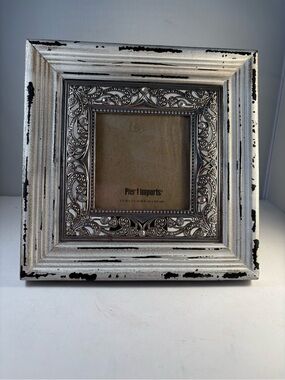 Pier1 Decorative Photo Frame 3.5”x3.5” Photo Distressed White Wood Crystal Metal
